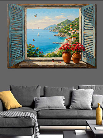 Pencereden Deniz Ve Saksılar Dekoratif Kanvas - Mdf Ahşap Tablo