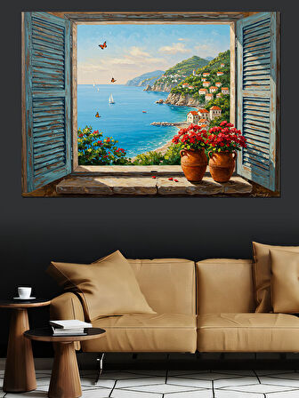 Pencereden Deniz Ve Saksılar Dekoratif Kanvas - Mdf Ahşap Tablo