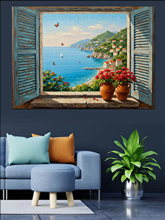 Pencereden Deniz Ve Saksılar Dekoratif Kanvas - Mdf Ahşap Tablo