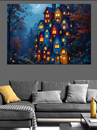 Karanlıkta Parlayan Evler Dekoratif Kanvas - Mdf Ahşap Tablo