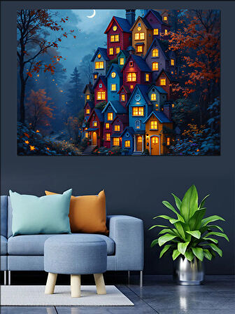 Karanlıkta Parlayan Evler Dekoratif Kanvas - Mdf Ahşap Tablo