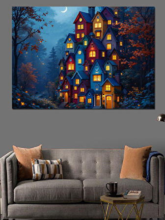 Karanlıkta Parlayan Evler Dekoratif Kanvas - Mdf Ahşap Tablo