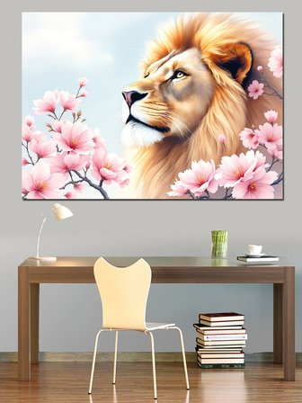 Sakura Yanında Aslan Dekoratif Kanvas - Mdf Ahşap Tablo
