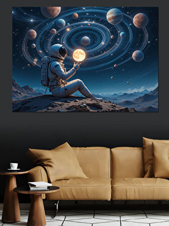 Gezegenli Uzay Kompozisyonu Dekoratif Kanvas - Mdf Ahşap Tablo
