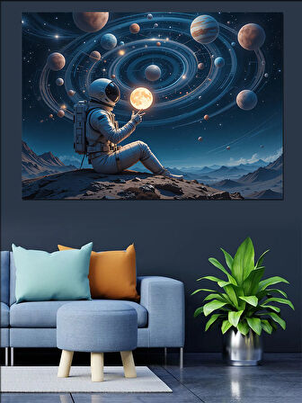 Gezegenli Uzay Kompozisyonu Dekoratif Kanvas - Mdf Ahşap Tablo