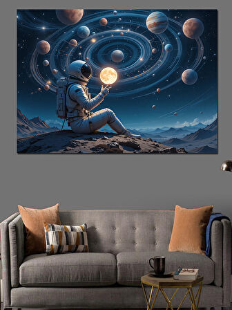 Gezegenli Uzay Kompozisyonu Dekoratif Kanvas - Mdf Ahşap Tablo