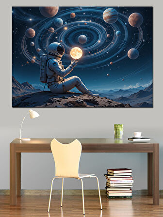 Gezegenli Uzay Kompozisyonu Dekoratif Kanvas - Mdf Ahşap Tablo