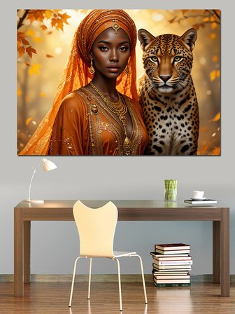 Leopar Yanında Afrika Kadın Dekoratif Kanvas - Mdf Ahşap Tablo