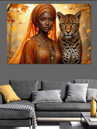 Leopar Yanında Afrika Kadın Dekoratif Kanvas - Mdf Ahşap Tablo
