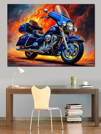 Alevli Hızlı Mavi Motosiklet Dekoratif Kanvas - Mdf Ahşap Tablo