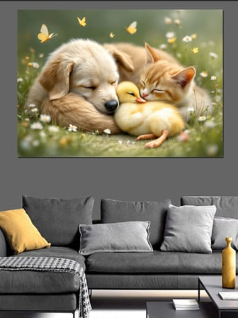 Köpek Ve Kedi Uyuyor Dekoratif Kanvas - Mdf Ahşap Tablo