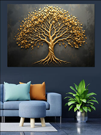 Altın Renkli Hayat Ağacı Dekoratif Kanvas - Mdf Ahşap Tablo