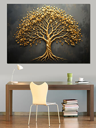 Altın Renkli Hayat Ağacı Dekoratif Kanvas - Mdf Ahşap Tablo