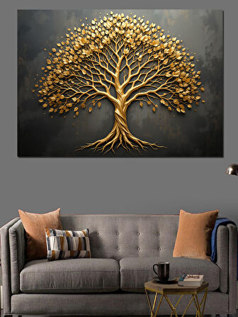 Altın Renkli Hayat Ağacı Dekoratif Kanvas - Mdf Ahşap Tablo