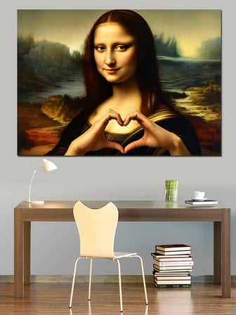 Kalp İşareti Yapan Mona Lisa Dekoratif Kanvas - Mdf Ahşap Tablo