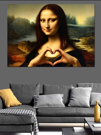 Kalp İşareti Yapan Mona Lisa Dekoratif Kanvas - Mdf Ahşap Tablo