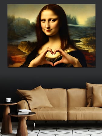 Kalp İşareti Yapan Mona Lisa Dekoratif Kanvas - Mdf Ahşap Tablo