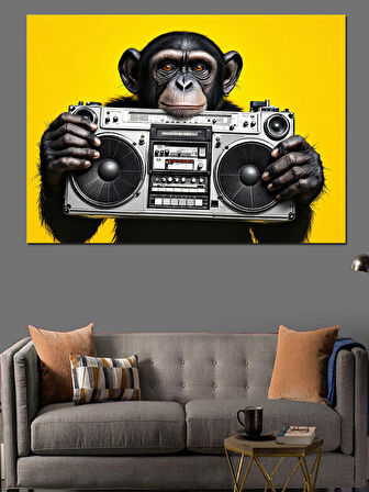 Boombox Tutan Havalı Maymun Dekoratif Kanvas - Mdf Ahşap Tablo