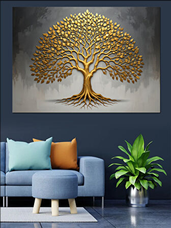 Altın Renkli Hayat Ağacı Dekoratif Kanvas - Mdf Ahşap Tablo