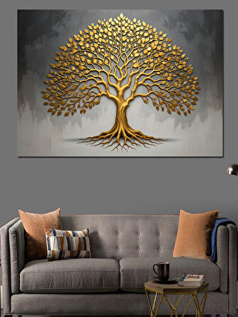 Altın Renkli Hayat Ağacı Dekoratif Kanvas - Mdf Ahşap Tablo