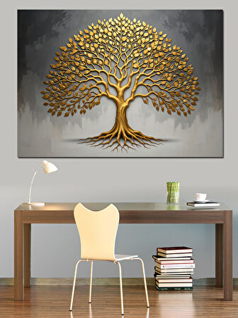 Altın Renkli Hayat Ağacı Dekoratif Kanvas - Mdf Ahşap Tablo