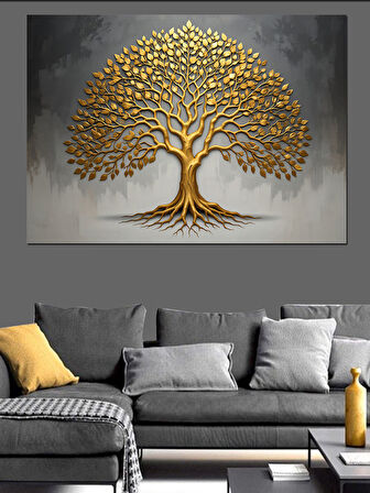 Altın Renkli Hayat Ağacı Dekoratif Kanvas - Mdf Ahşap Tablo