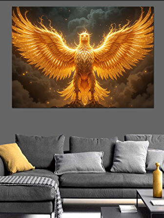 Altın Işıklı Anka Kuşu Dekoratif Kanvas - Mdf Ahşap Tablo