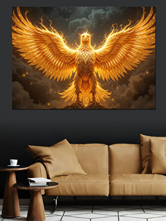 Altın Işıklı Anka Kuşu Dekoratif Kanvas - Mdf Ahşap Tablo
