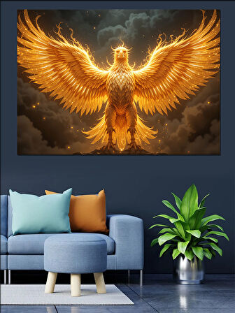 Altın Işıklı Anka Kuşu Dekoratif Kanvas - Mdf Ahşap Tablo