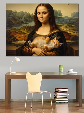 Kedi Tutan Mona Lisa Versiyonu Dekoratif Kanvas - Mdf Ahşap Tablo