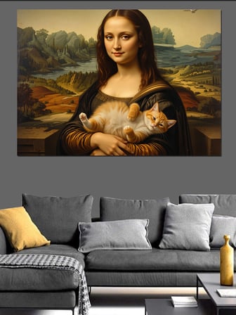 Kedi Tutan Mona Lisa Versiyonu Dekoratif Kanvas - Mdf Ahşap Tablo