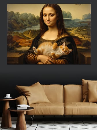Kedi Tutan Mona Lisa Versiyonu Dekoratif Kanvas - Mdf Ahşap Tablo