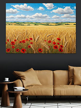 Gelinciklerle Dolu Buğday Tarlası Dekoratif Kanvas - Mdf Ahşap Tablo