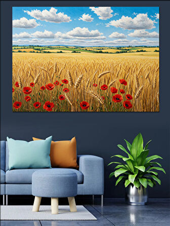 Gelinciklerle Dolu Buğday Tarlası Dekoratif Kanvas - Mdf Ahşap Tablo