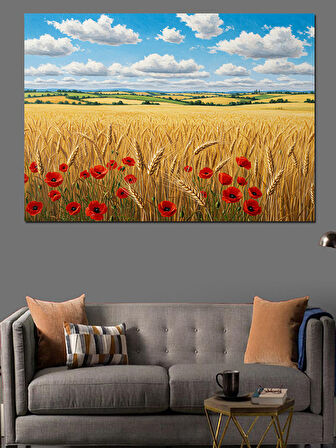 Gelinciklerle Dolu Buğday Tarlası Dekoratif Kanvas - Mdf Ahşap Tablo