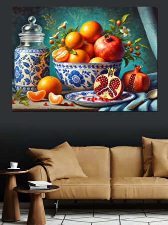 Meyvelerle Dolu Porselen Kase Dekoratif Kanvas - Mdf Ahşap Tablo