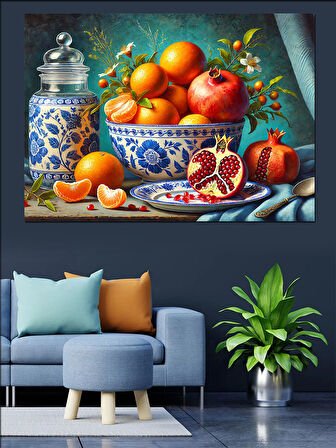 Meyvelerle Dolu Porselen Kase Dekoratif Kanvas - Mdf Ahşap Tablo