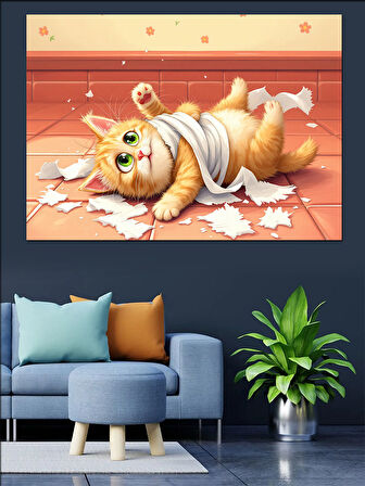 Tuvalet Kağıdı Ve Şaşkın Kedi Dekoratif Kanvas - Mdf Ahşap Tablo