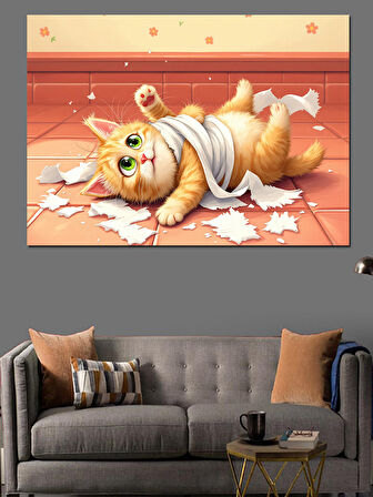 Tuvalet Kağıdı Ve Şaşkın Kedi Dekoratif Kanvas - Mdf Ahşap Tablo