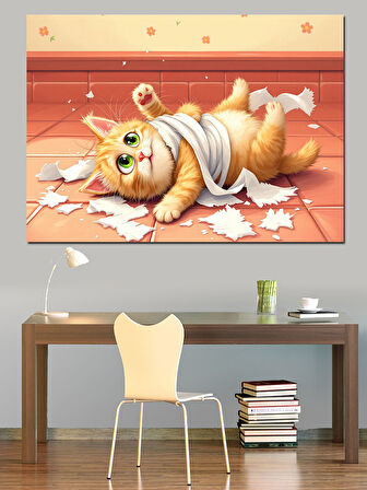 Tuvalet Kağıdı Ve Şaşkın Kedi Dekoratif Kanvas - Mdf Ahşap Tablo