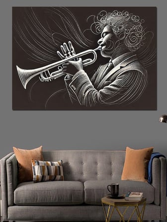 Trompet Çalan Siyah Beyaz Adam Dekoratif Kanvas - Mdf Ahşap Tablo