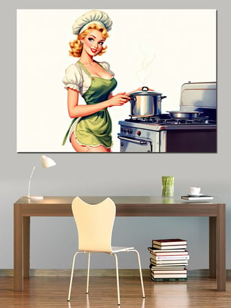 Retro Kıyafetli Şef Kadın Dekoratif Kanvas - Mdf Ahşap Tablo