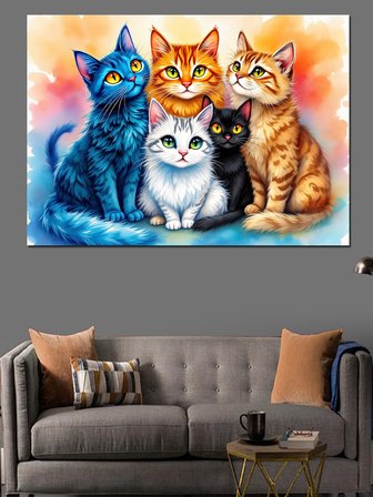 Renkli Gözlü Kedi Ailesi Dekoratif Kanvas - Mdf Ahşap Tablo