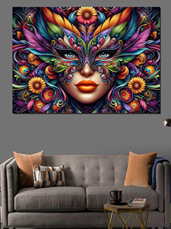 Maskeli Kadın Renkli Portre Dekoratif Kanvas - Mdf Ahşap Tablo