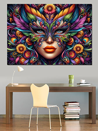 Maskeli Kadın Renkli Portre Dekoratif Kanvas - Mdf Ahşap Tablo