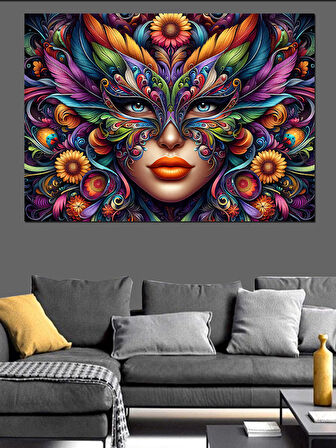 Maskeli Kadın Renkli Portre Dekoratif Kanvas - Mdf Ahşap Tablo