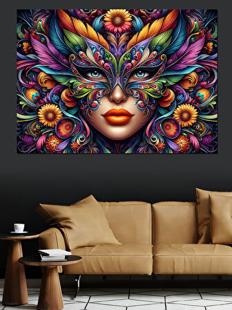 Maskeli Kadın Renkli Portre Dekoratif Kanvas - Mdf Ahşap Tablo