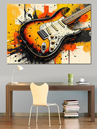 Boya Patlamalı Elektro Gitar Dekoratif Kanvas - Mdf Ahşap Tablo