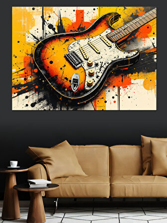 Boya Patlamalı Elektro Gitar Dekoratif Kanvas - Mdf Ahşap Tablo