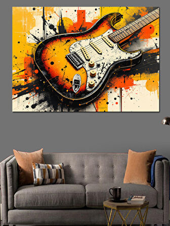 Boya Patlamalı Elektro Gitar Dekoratif Kanvas - Mdf Ahşap Tablo